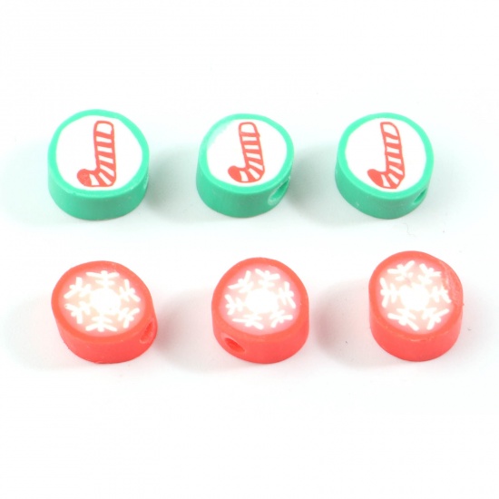 Picture of Polymer Clay Beads Round Red & Green Christmas Candy Cane Pattern About 10mm - 8mm Dia, Hole: Approx 2.5mm - 2mm, 50 PCs