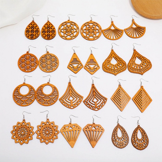 Picture of Wood Earrings Coffee Fan-shaped 1 Pair