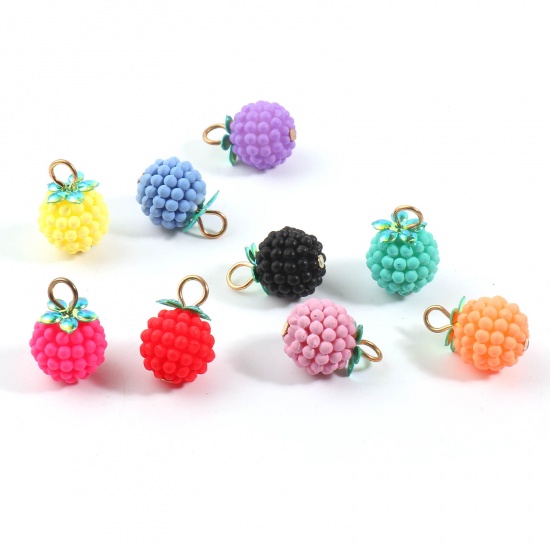 Picture of Resin Charms Raspberry Fruit Gold Plated Fuchsia 18mm x 12mm, 20 PCs