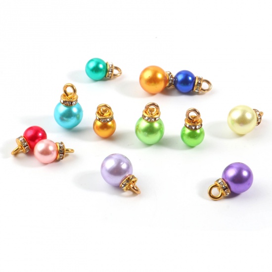 Picture of Acrylic Charms Round Gold Plated At Random Color Imitation Pearl Clear Rhinestone 15mm x 10mm, 50 PCs