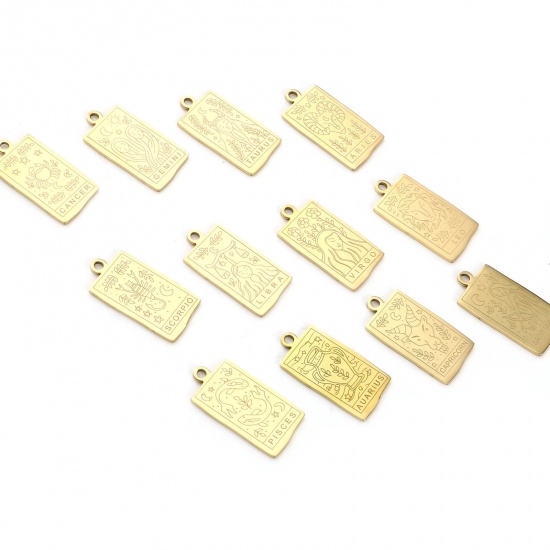 Picture of Stainless Steel Charms Rectangle Gold Plated Pisces Sign Of Zodiac Constellations 25.5mm x 13mm, 1 Piece