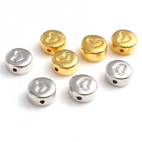 Picture of Zinc Based Alloy Valentine's Day Spacer Beads Flat Round Gold Plated Heart About 8mm Dia., Hole: Approx 1.2mm, 30 PCs