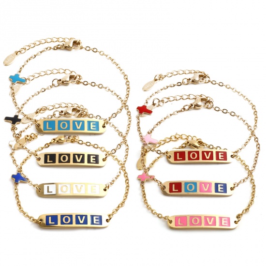 Picture of Stainless Steel Valentine's Day Link Cable Chain Bracelets Gold Plated Dark Blue Oval Cross Word Message " LOVE " Enamel 17cm(6 6/8")-16.5cm(6 4/8") long, 1 Piece