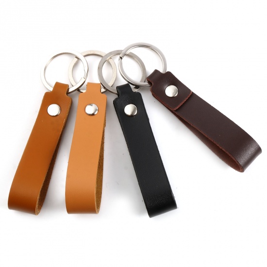 Picture of Cowhide Leather Keychain & Keyring Silver Tone Dark Coffee Rectangle 10.8cm, 2 PCs