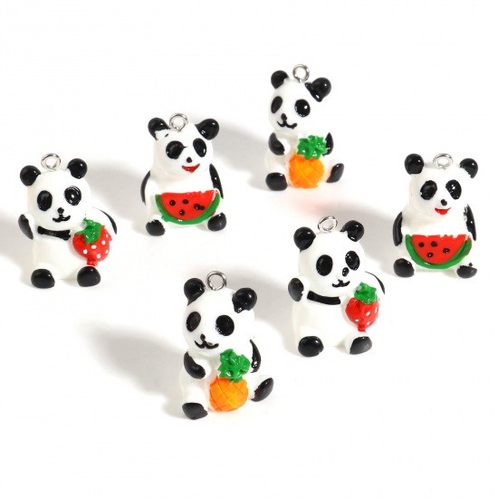 Picture of Resin Charms Panda Animal Strawberry Silver Tone Black & White 26mm x 20mm - 25mm x 19mm, 5 PCs