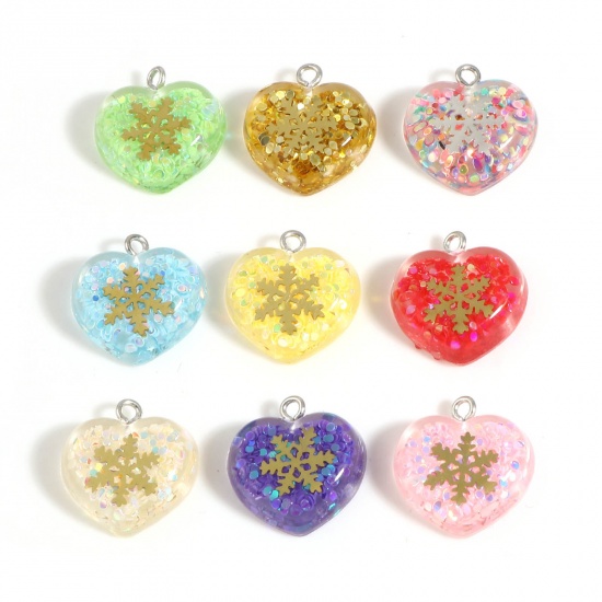 Picture of Acrylic Christmas Charms Heart Silver Tone Creamy-White Sequins Snowflake 20.5mm x 20mm, 5 PCs