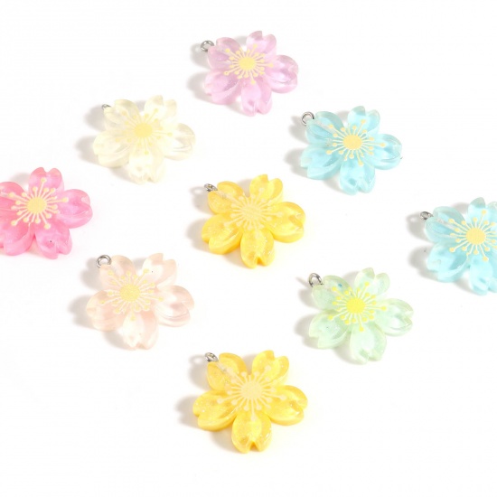 Picture of Resin Charms Flower Silver Tone At Random Color Glitter 28mm x 27mm, 10 PCs