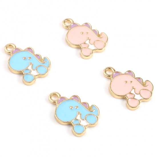 Picture of Zinc Based Alloy Charms Dinosaur Animal Gold Plated Blue Enamel 17mm x 12mm, 10 PCs