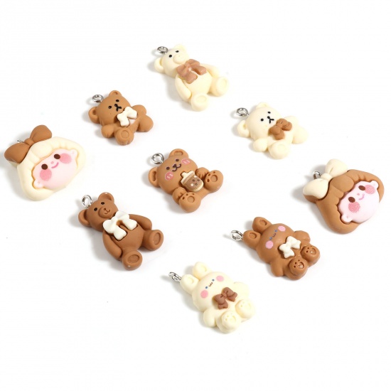 Picture of Resin Charms Bear Animal Bowknot Silver Tone Beige 21mm x 16mm, 10 PCs