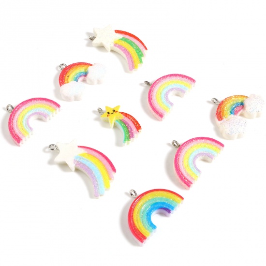 Picture of Resin Weather Collection Charms Rainbow Silver Tone Multicolor Glitter 27mm x 20mm, 10 PCs