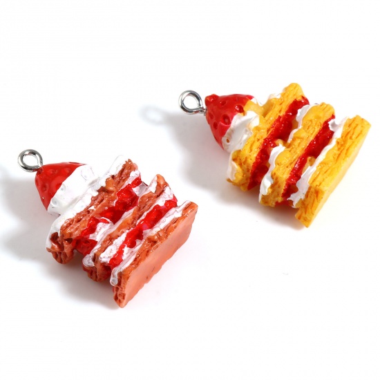 Picture of Resin Pendants Cake Strawberry Silver Tone Red & Yellow 30mm x 20mm - 29mm x 20mm, 5 PCs