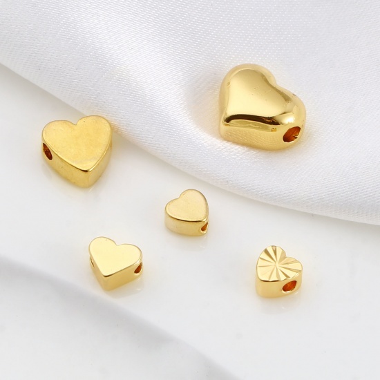 Picture of Copper Valentine's Day Beads 18K Real Gold Plated Heart Carved Pattern About 5mm x 5mm, Hole: Approx 1.7mm, 10 PCs