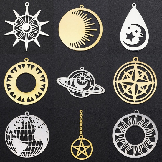 Picture of Stainless Steel Galaxy Pendants Moon Phases Gold Plated Moon 4.8cm x 2.2cm, 1 Piece