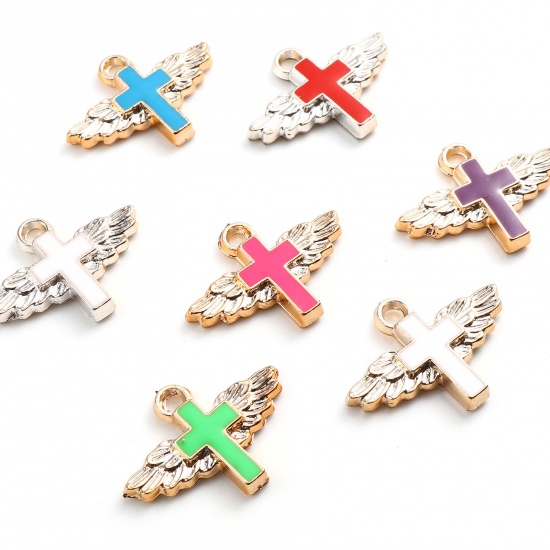 Picture of CCB Plastic Religious Charms Cross Rose Gold Multicolor Enamel Wing 29mm x 22mm, 10 PCs