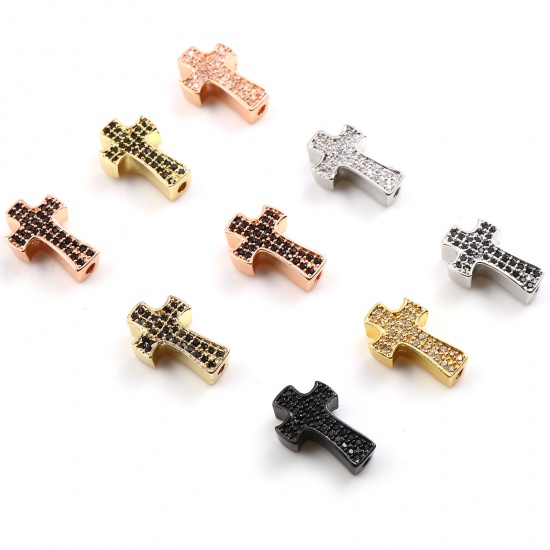 Picture of Copper Religious Spacer Beads Cross Micro Pave Multicolour Cubic Zirconia 14mm x 9mm, Hole: Approx 1.7mm, 2 PCs