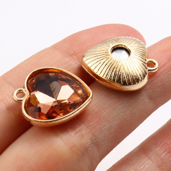 Picture of Zinc Based Alloy & Glass Valentine's Day Charms Heart Gold Plated Multicolor 18.5mm x 16mm, 5 PCs