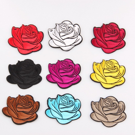 Picture of Fabric Iron On Patches Appliques (With Glue Back) Craft Multicolor Rose Flower 7.2cm x 6.7cm, 5 PCs