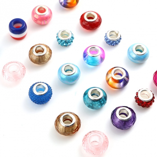 Picture of Acrylic European Style Large Hole Charm Beads Silver Plated Mixed Color Round 1 Packet