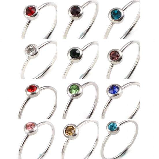Picture of Stainless Steel Birthstone Unadjustable Rings Silver Tone Circle Ring Multicolor Rhinestone 17.3mm(US Size 7), 1 Piece