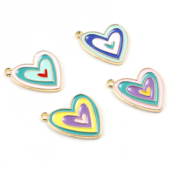 Picture of Zinc Based Alloy Valentine's Day Charms Heart Gold Plated Multicolor Enamel 21mm x 19mm, 10 PCs
