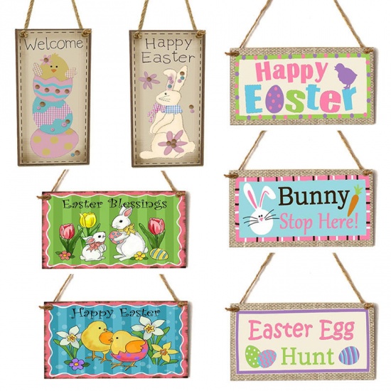 Picture of Easter Cartoon Pattern Rectangle Wood Home Party Hanging Decoration
