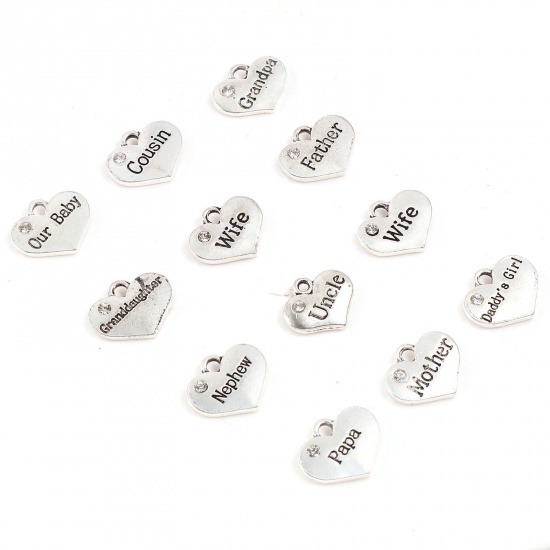Picture of Zinc Based Alloy Family Jewelry Charms Heart Antique Silver Color Clear Rhinestone 10 PCs