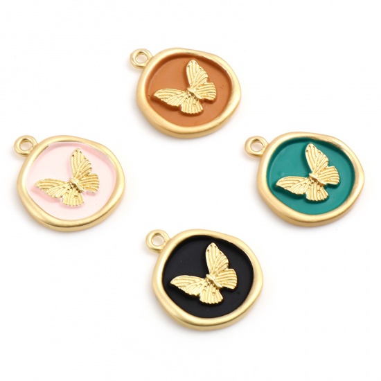Picture of Insect Charms Round Gold Plated Butterfly 22mm x 18mm, 5 PCs