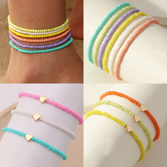 Picture of Seed Beads Boho Chic Bohemia Anklet Multicolor Heart Elastic
