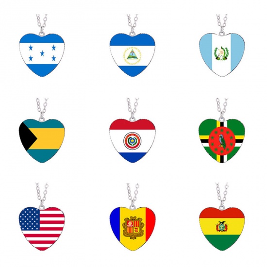 Picture of 304 Stainless Steel & Glass Enamel Necklace Silver Tone Multicolor Heart National Flag