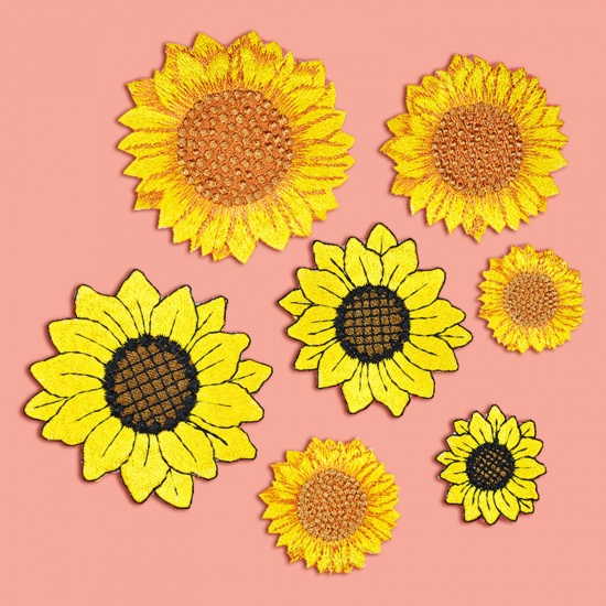 Picture of Polyester Iron On Patches Appliques (With Glue Back) Craft Multicolor Sunflower Embroidered 5 PCs