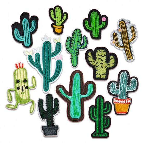 Picture of Polyester Iron On Patches Appliques (With Glue Back) Craft Multicolor Cactus Embroidered 10 PCs