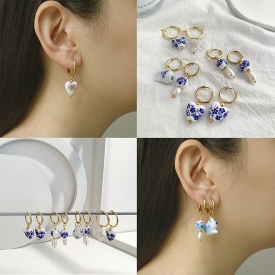 Picture of Ceramic Ethnic Earrings Gold Plated Multicolor Heart Flower Enamel