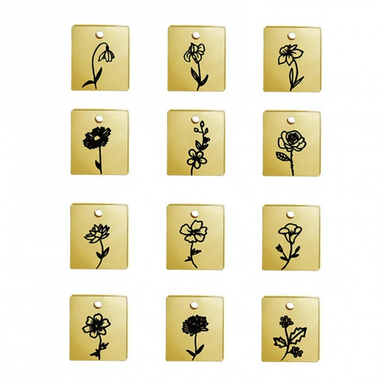 Picture of 304 Stainless Steel Birth Month Flower Charms Gold Plated Black Rectangle Flower