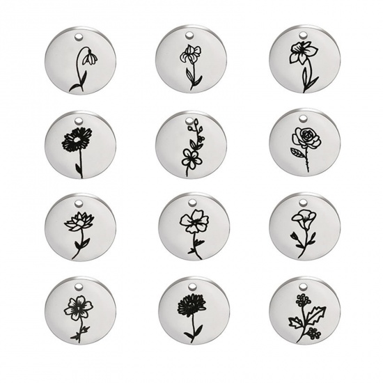 Picture of 304 Stainless Steel Birth Month Flower Charms Silver Tone Black Round Flower