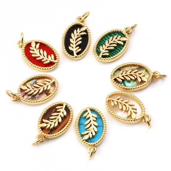 Picture of Copper Charms Gold Plated Multicolor Oval Leaf With Synthetic Gemstone Cabochons