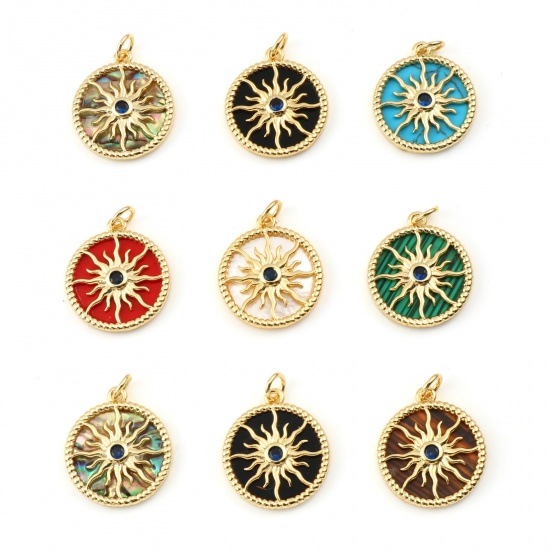 Picture of Copper Galaxy Charms Gold Plated Round Sun With Synthetic Gemstone Cabochons Dark Blue Rhinestone