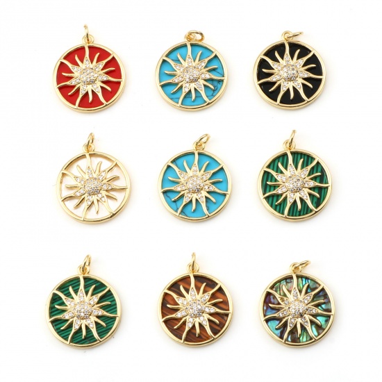 Picture of Copper Galaxy Charms Gold Plated Multicolor Round Sun With Synthetic Gemstone Cabochons Clear Rhinestone