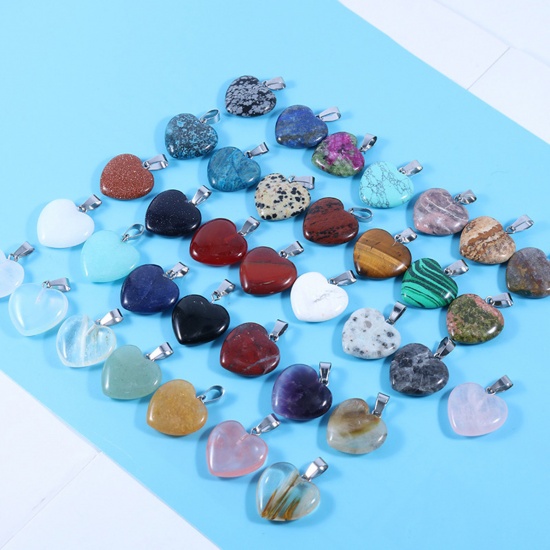 Picture of Stone ( Natural ) Charms Silver Tone Multicolor Heart 20mm x 20mm, 10 PCs
