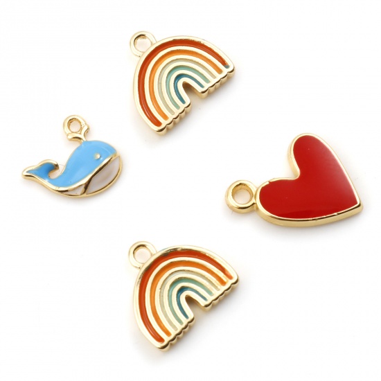 Picture of Copper Charms Rainbow Real Gold Plated Multicolor Heart Enamel 2 PCs