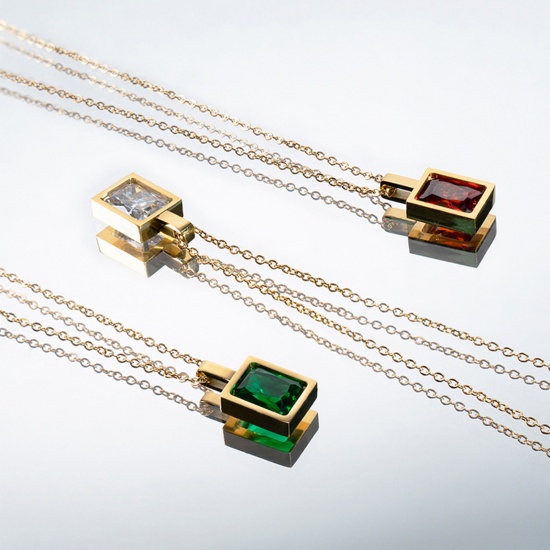 Picture of Stainless Steel & Cubic Zirconia Elegant Necklace Gold Plated Rectangle Multicolour Cubic Zirconia 40.5cm(16") long, 1 Piece