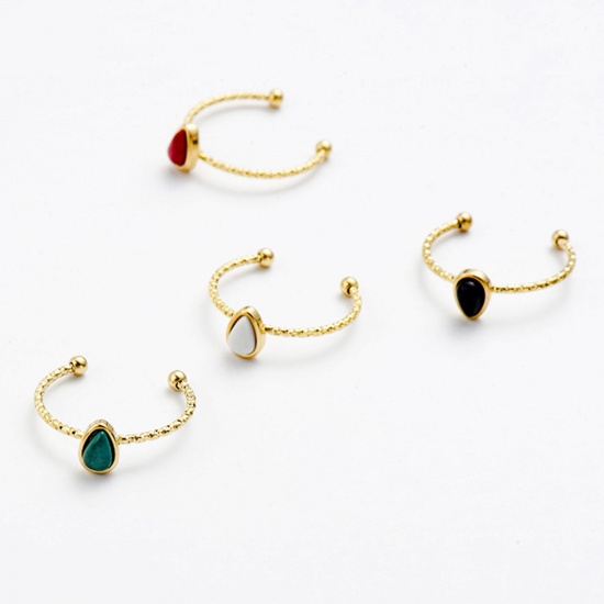 Picture of Stainless Steel & Gemstone Open Rings 14K Gold Plated Multicolor Drop 18mm(US Size 7.75), 1 Piece