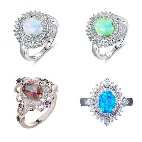 Picture of Elegant Unadjustable Rings Oval Flower Multicolour Cubic Zirconia