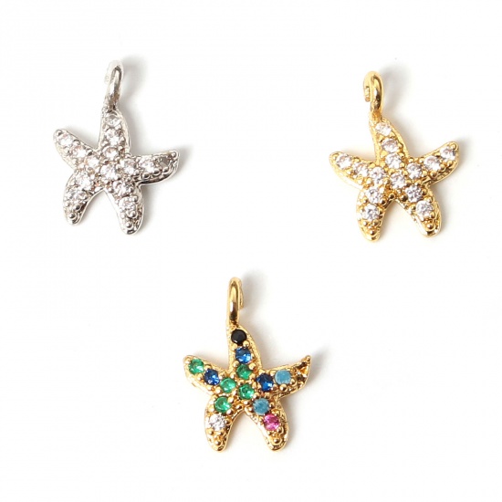 Picture of Copper Ocean Jewelry Charms Star Fish Micro Pave Multicolour Cubic Zirconia 10mm x 8mm, 1 Piece