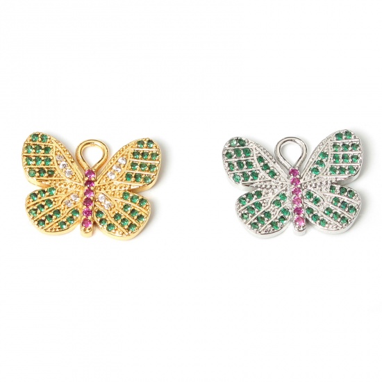 Picture of Copper Insect Charms Butterfly Animal Micro Pave Multicolour Cubic Zirconia 10mm x 8mm, 1 Piece
