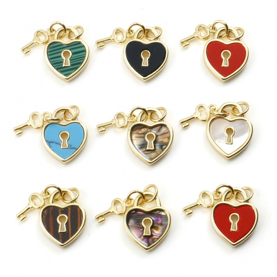Picture of Copper Valentine's Day Charms Gold Plated Multicolor Heart Lock 18mm x 12mm, 1 Piece