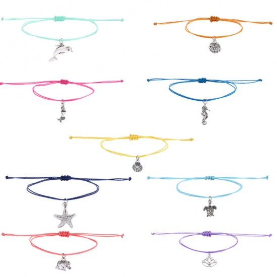 Picture of Polyester Boho Chic Bohemia Braided Anklet Antique Silver Color Multicolor Sea Turtle Animal Star Fish Adjustable