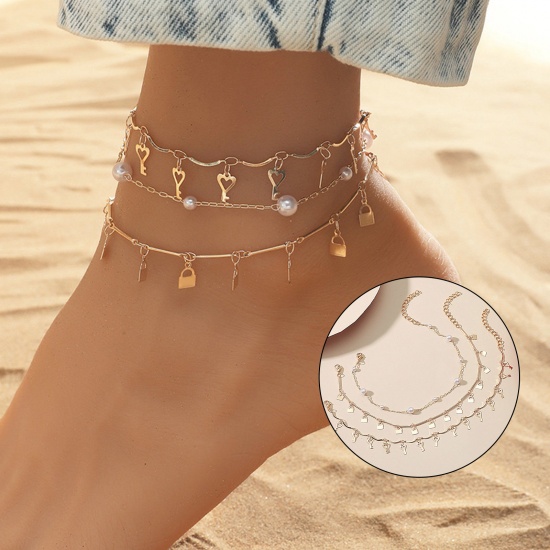 Picture of Exquisite Anklet Set Gold Plated Lock Key