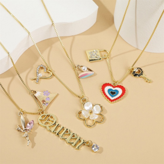 Image de Charm Clothes Necklace Gold Plated Heart Clear Rhinestone 51cm(20 1/8") long, 1 Piece