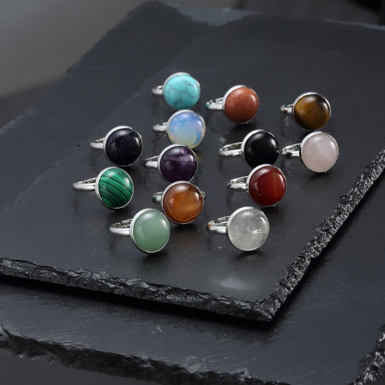 Picture of Copper & Gemstone ( Mix ) Healing Stone Open Adjustable Rings Silver Tone Multicolor Round 18mm(US Size 7.75), 1 Piece