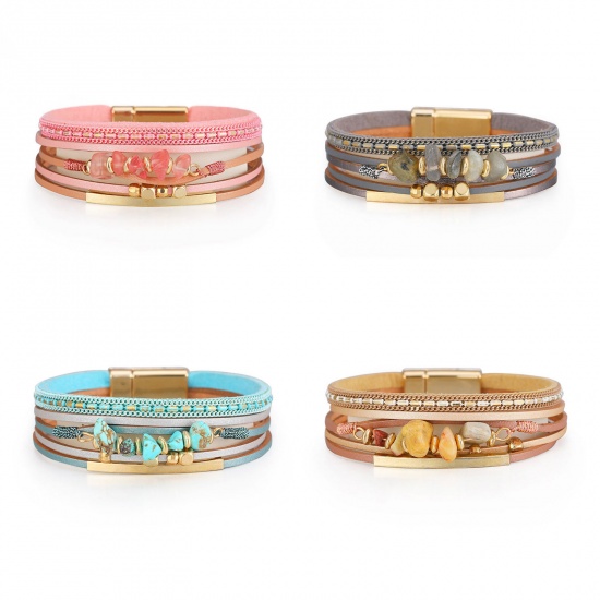 Picture of PU Leather Boho Chic Bohemia Slake Bracelets Gold Plated Multicolor Chip Beads With Magnetic Clasp